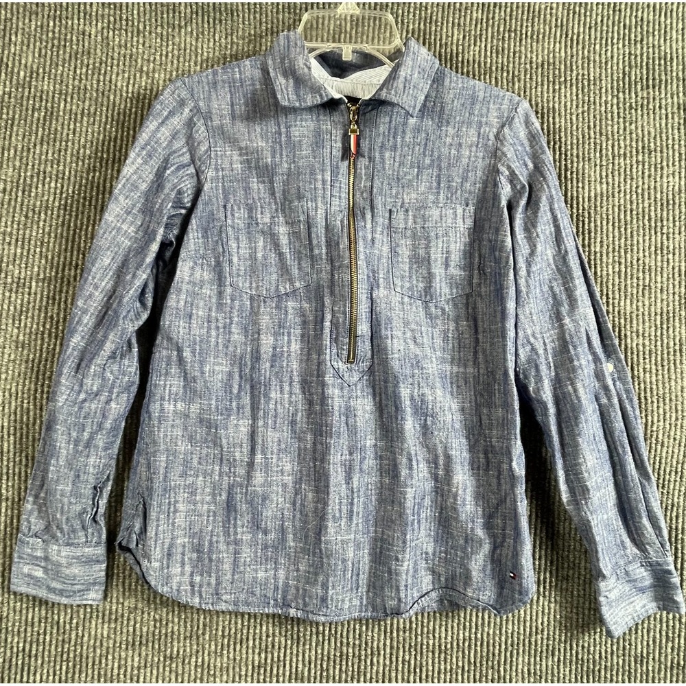 Tommy Hilfiger Shirt Womens Extra Small Blue 1/2 Zip‎ Collared Cotton Oversized
